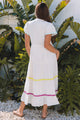 Londra White Colorblock Rickrack Trim Short Sleeve Drawstring Waist Long Dress