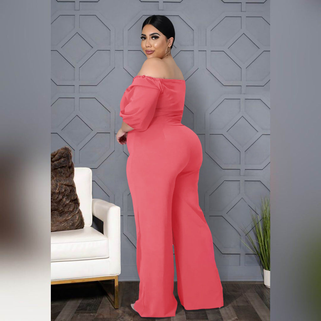 Plus Size Solid Color off-Shoulder Strap Wide-Leg Jumpsuit Women