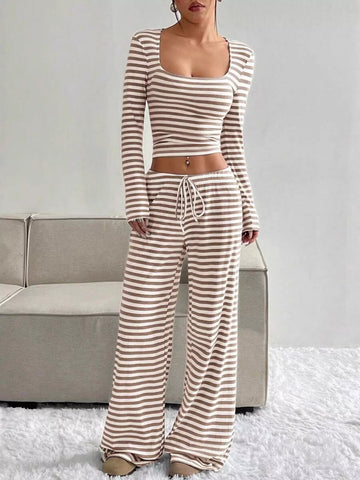 Laura Striped Long Sleeve Crop Two Piece Sets