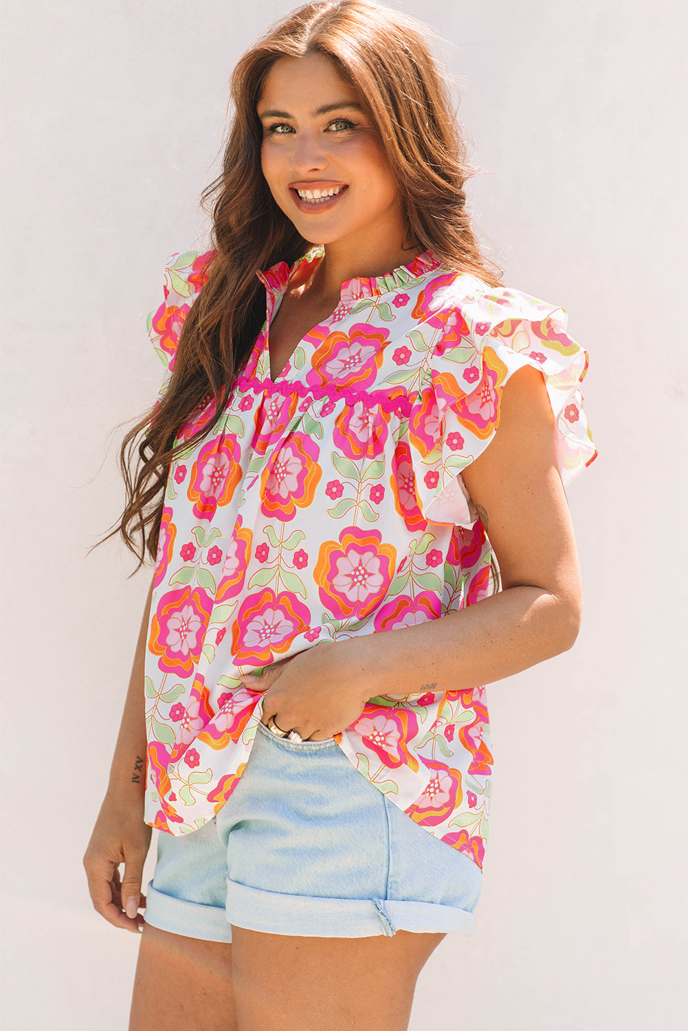 Rose Floral Ruffled Sleeve Split Neck