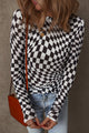 Carla Black Checkered Pattern Mesh Mock Neck Long Sleeve Top