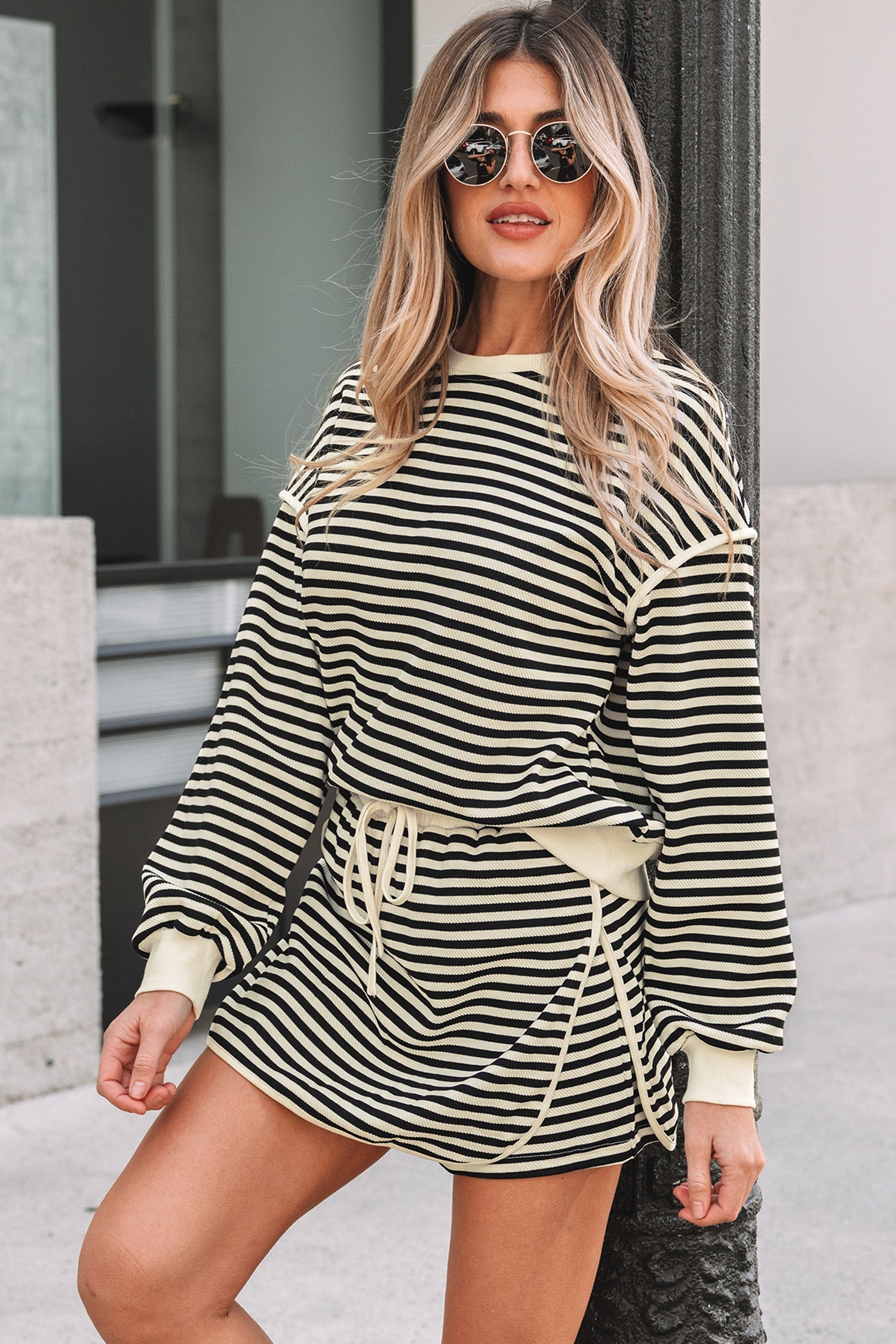 Isabella Stripe Textured Pullover Two Piece Sets