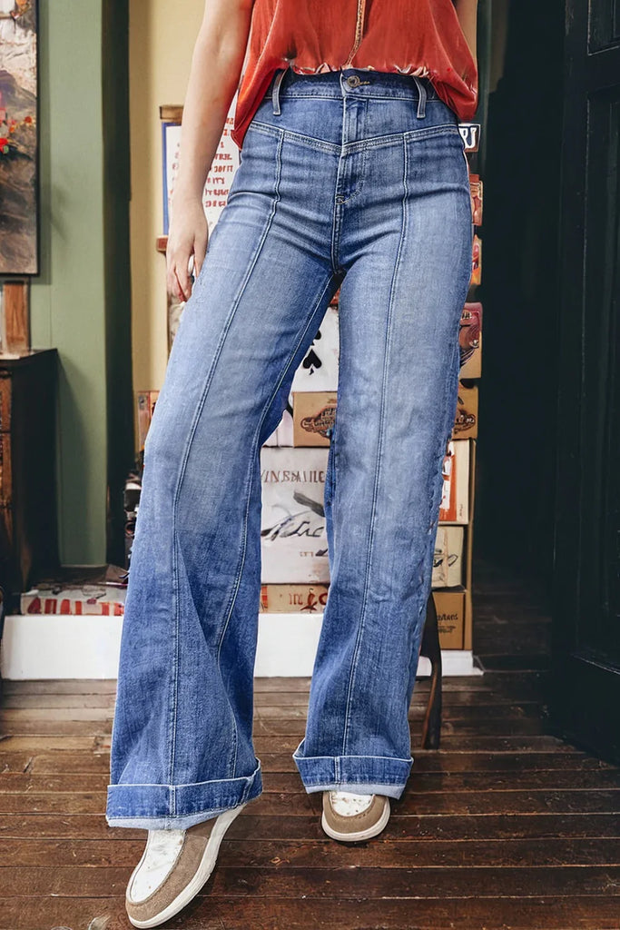 Trini Beau Blue Tailored Center Seam Detail Straight Loose High Rise Jeans