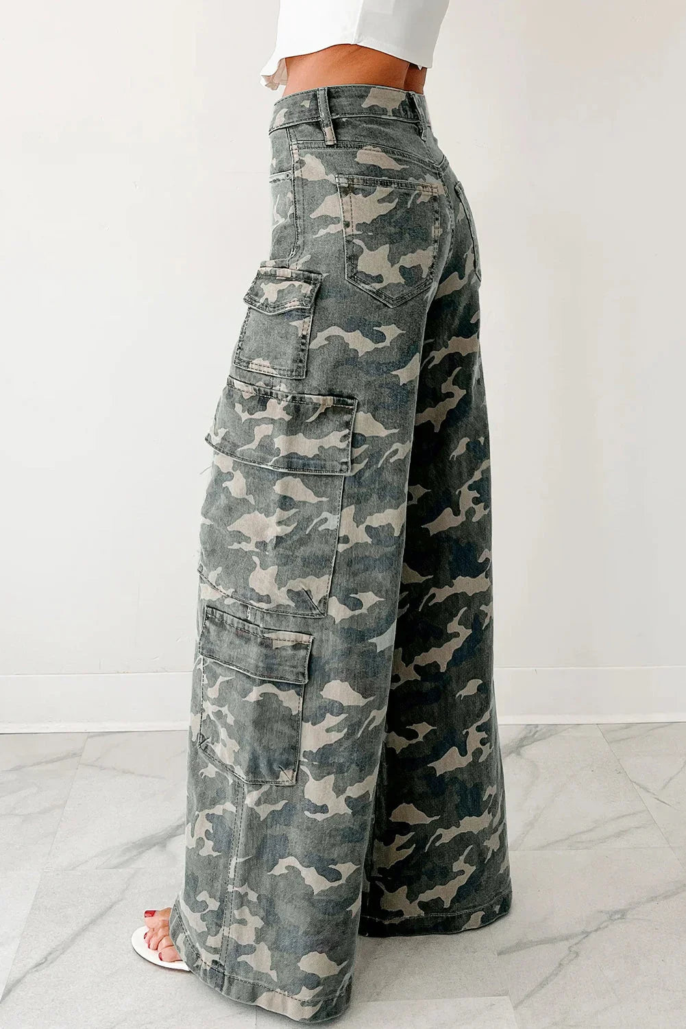 Camo Denim Cargo Wide Leg Pants