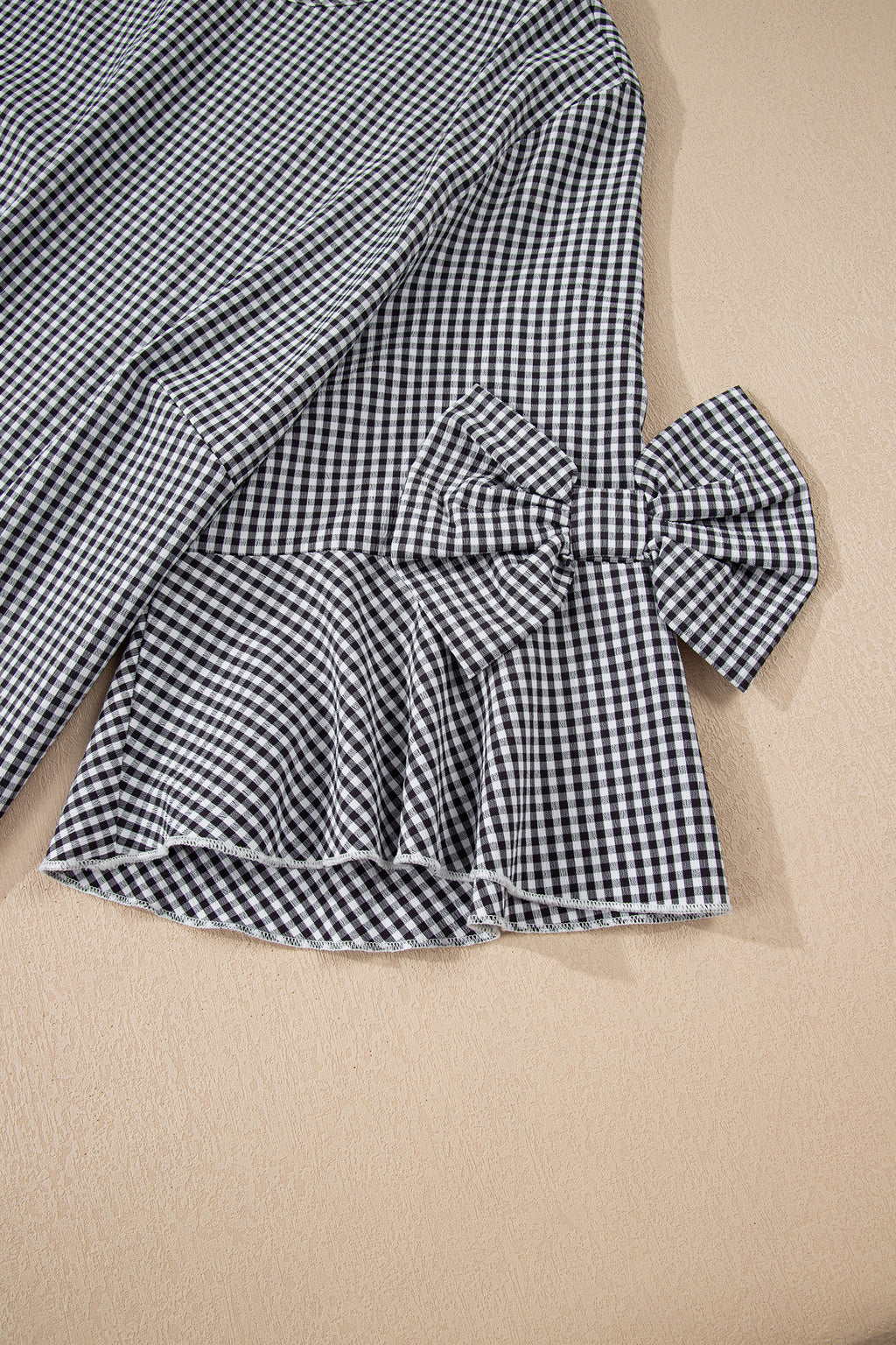 Plaid Bow Decor Bell Sleeve Round Neck