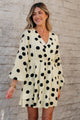 Pillar Beige Polka Dot Printed Surplice V Neck Puff Sleeve Mini Dress