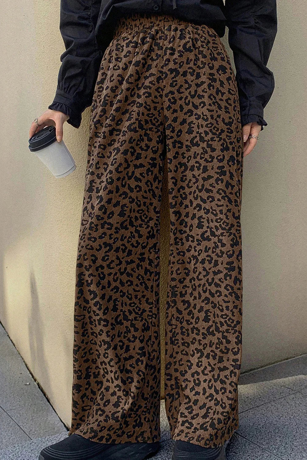 Delia Dark Brown Leopard Print Elastic High Waist Loose Corduroy Pants