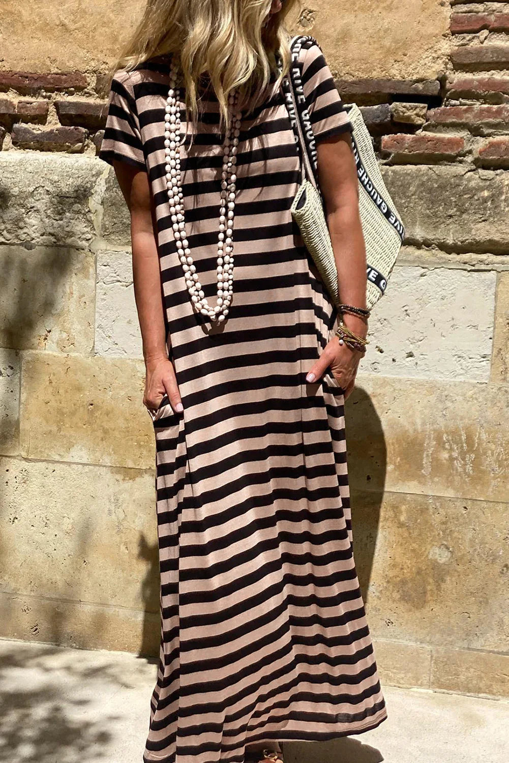 Zaidy Black Stripe Casual Round Neck T-shirt Maxi Dress with Pockets