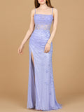 Solid Color Beaded Corset Prom Gown with Slit Dress