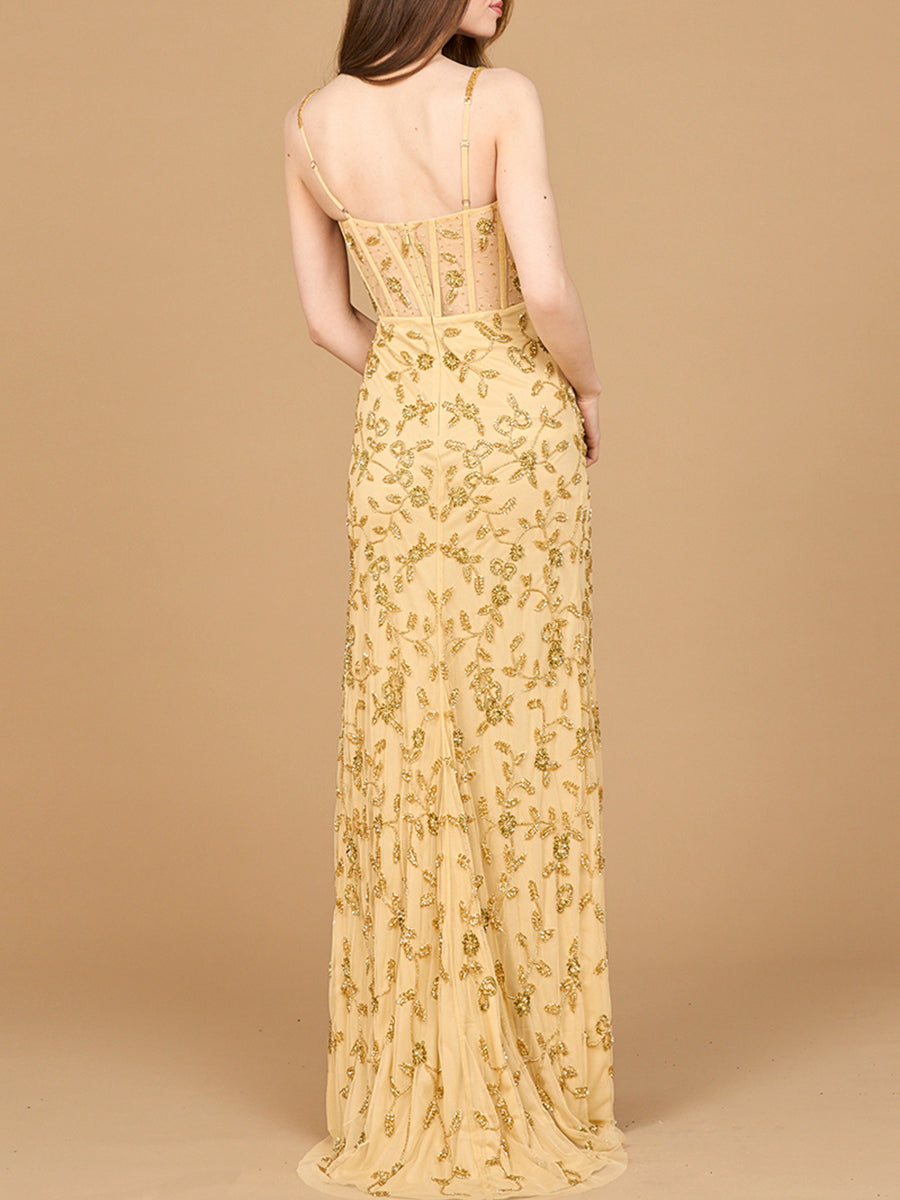 Full Color Beaded Corset Gown with Slit Dress