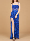 Full Color Beaded Corset Gown with Slit Dress