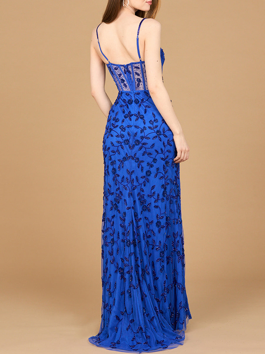 Full Color Beaded Corset Gown with Slit Dress