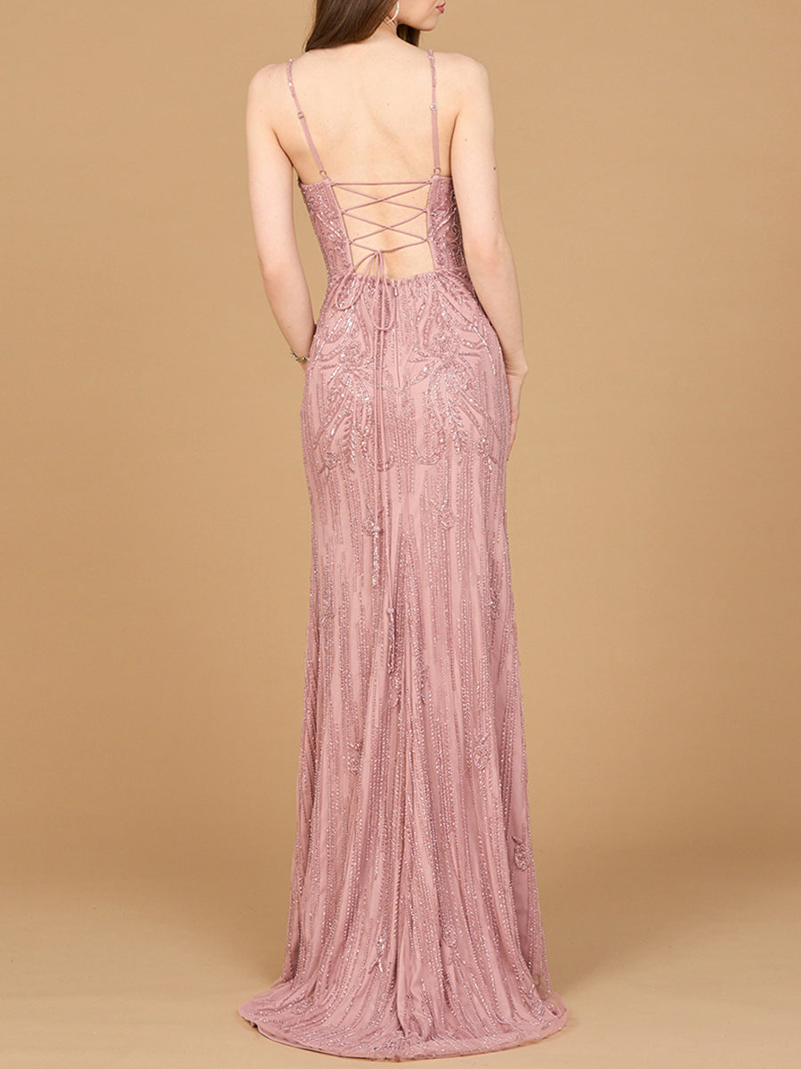 Fitted Mermaid Beaded Lace-up Dress with Slit