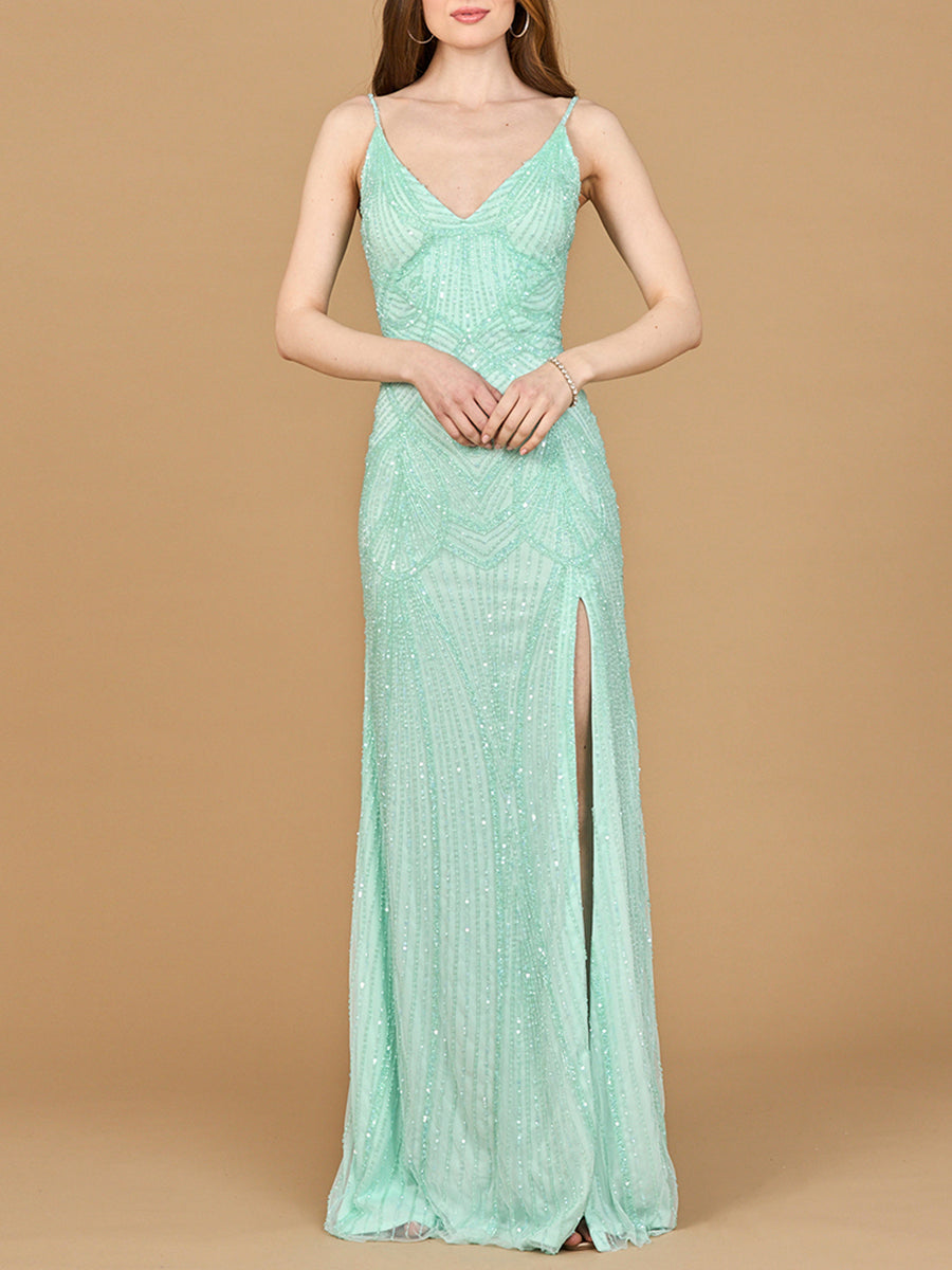 Elegant Fitted Mermaid Beaded Lace-up Dress with Slit