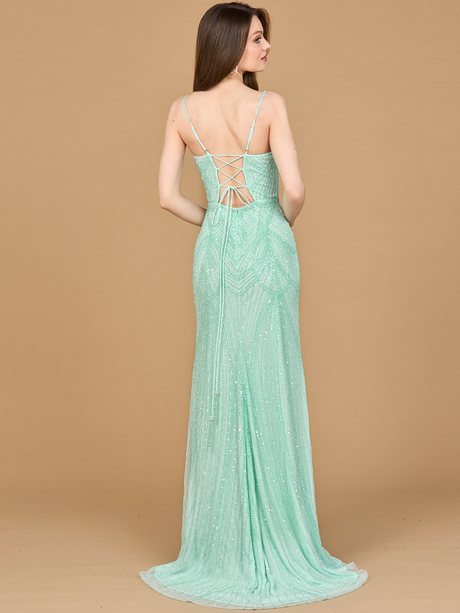 Elegant Fitted Mermaid Beaded Lace-up Dress with Slit