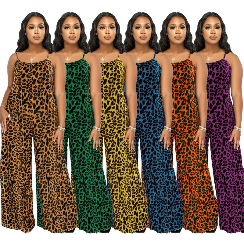 Plus Size New Jumpsuit Summer Leopard Print Sling Casual Jumpsuit