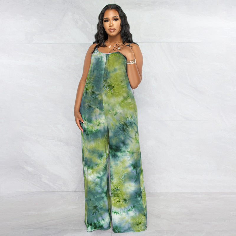 Plus Size New Tie-Dyed Printed Sling Casual Straight Stylish Loose Jumpsuit