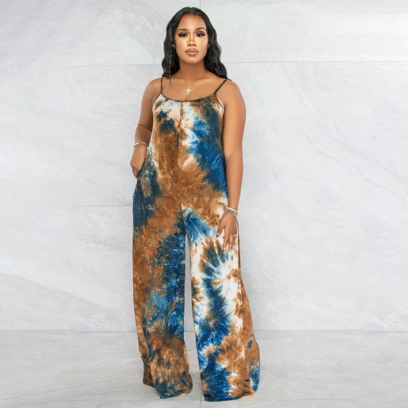 Plus Size New Tie-Dyed Printed Sling Casual Straight Stylish Loose Jumpsuit