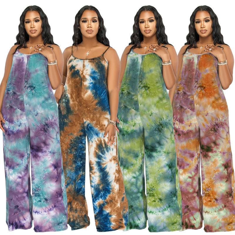 Plus Size New Tie-Dyed Printed Sling Casual Straight Stylish Loose Jumpsuit