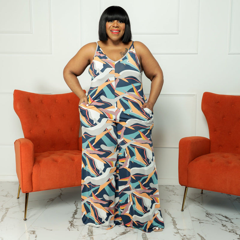 Plus Size New Arrival Jumpsuit Women Clothing Printed Sling Straight Loose Casual