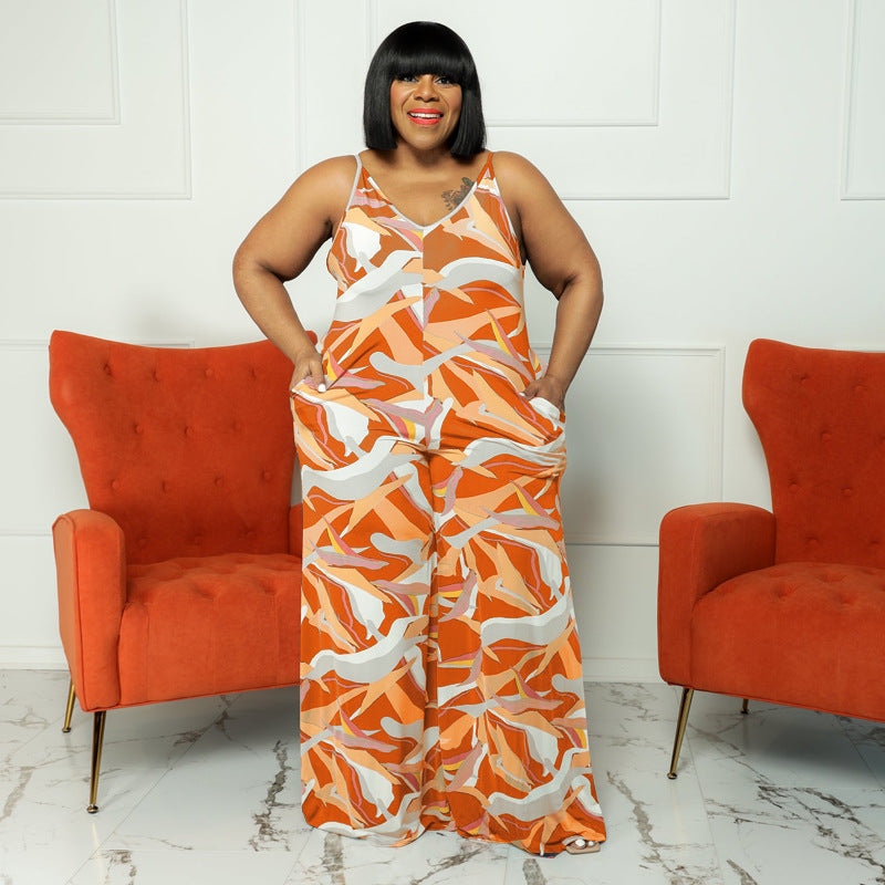 Plus Size New Arrival Jumpsuit Women Clothing Printed Sling Straight Loose Casual