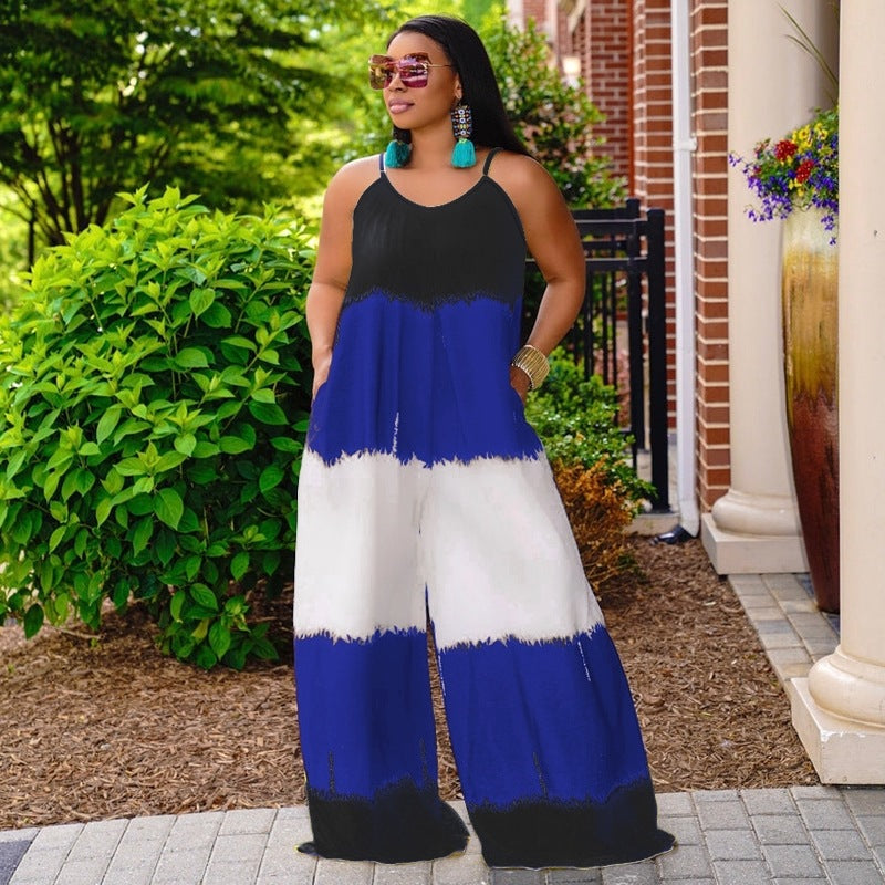 Plus Size New Patchwork Printed Suspenders Fashion Casual Long Women Clothes Jumpsuit