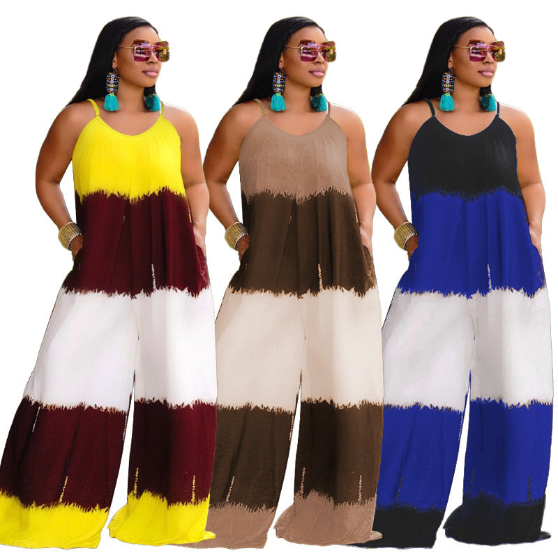 Plus Size New Patchwork Printed Suspenders Fashion Casual Long Women Clothes Jumpsuit
