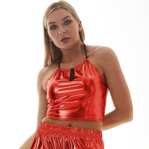 Women Neck Sexy Backless Metal Leather Vest