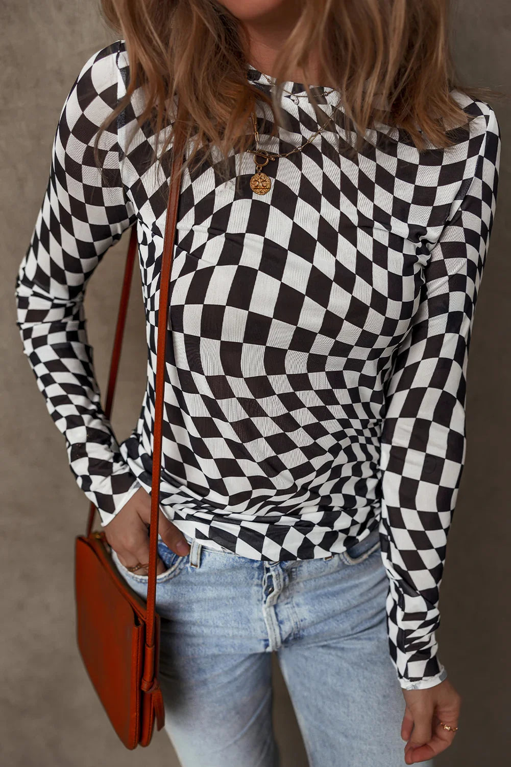 Carla Black Checkered Pattern Mesh Mock Neck Long Sleeve Top