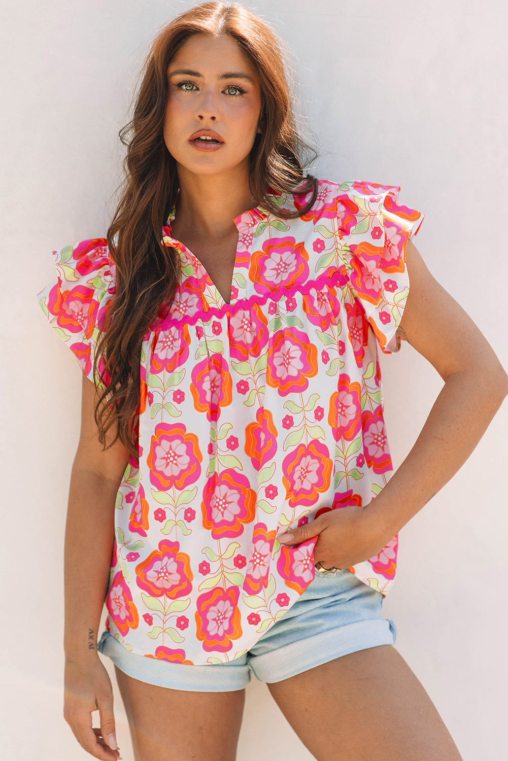 Rose Floral Ruffled Sleeve Split Neck