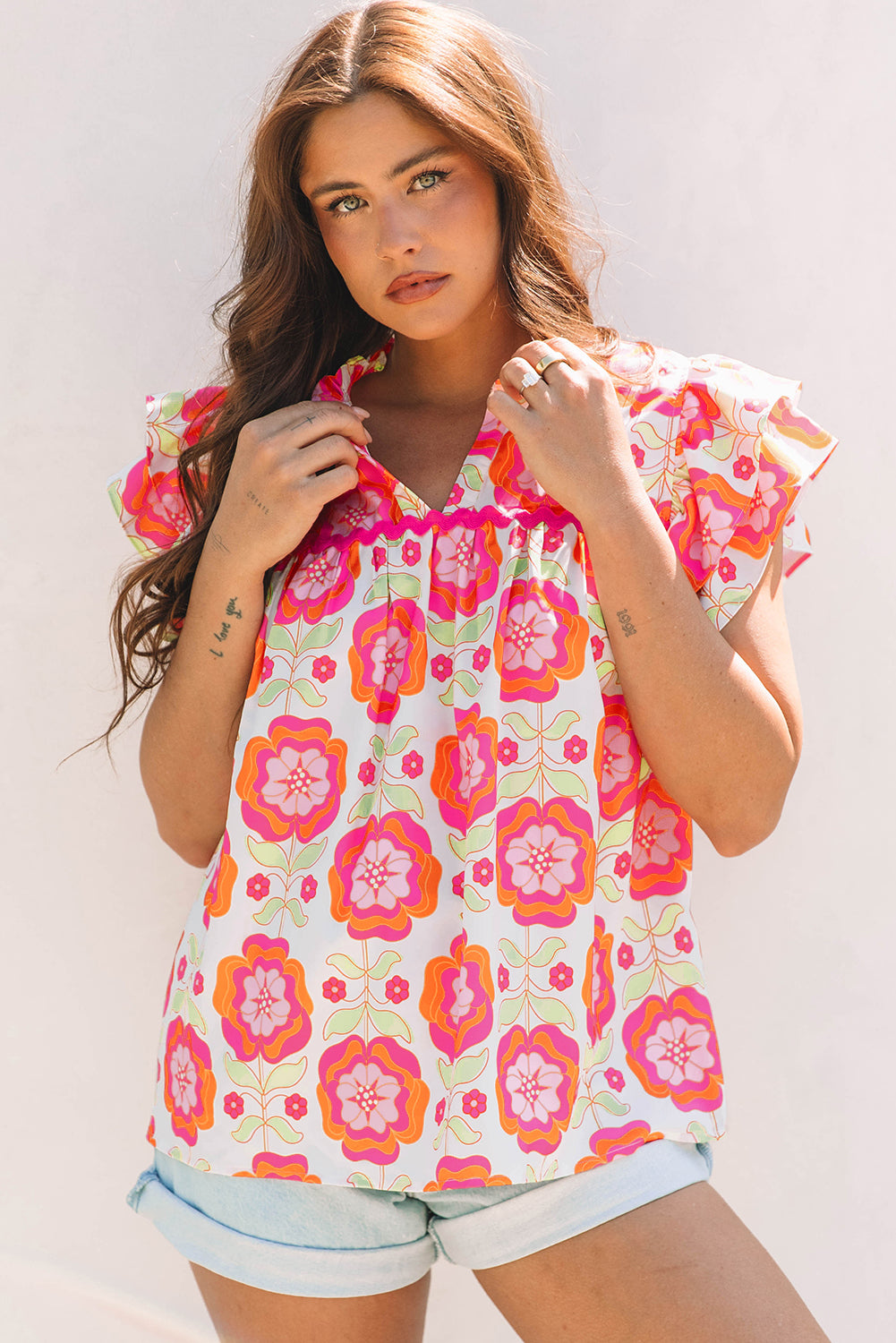 Rose Floral Ruffled Sleeve Split Neck
