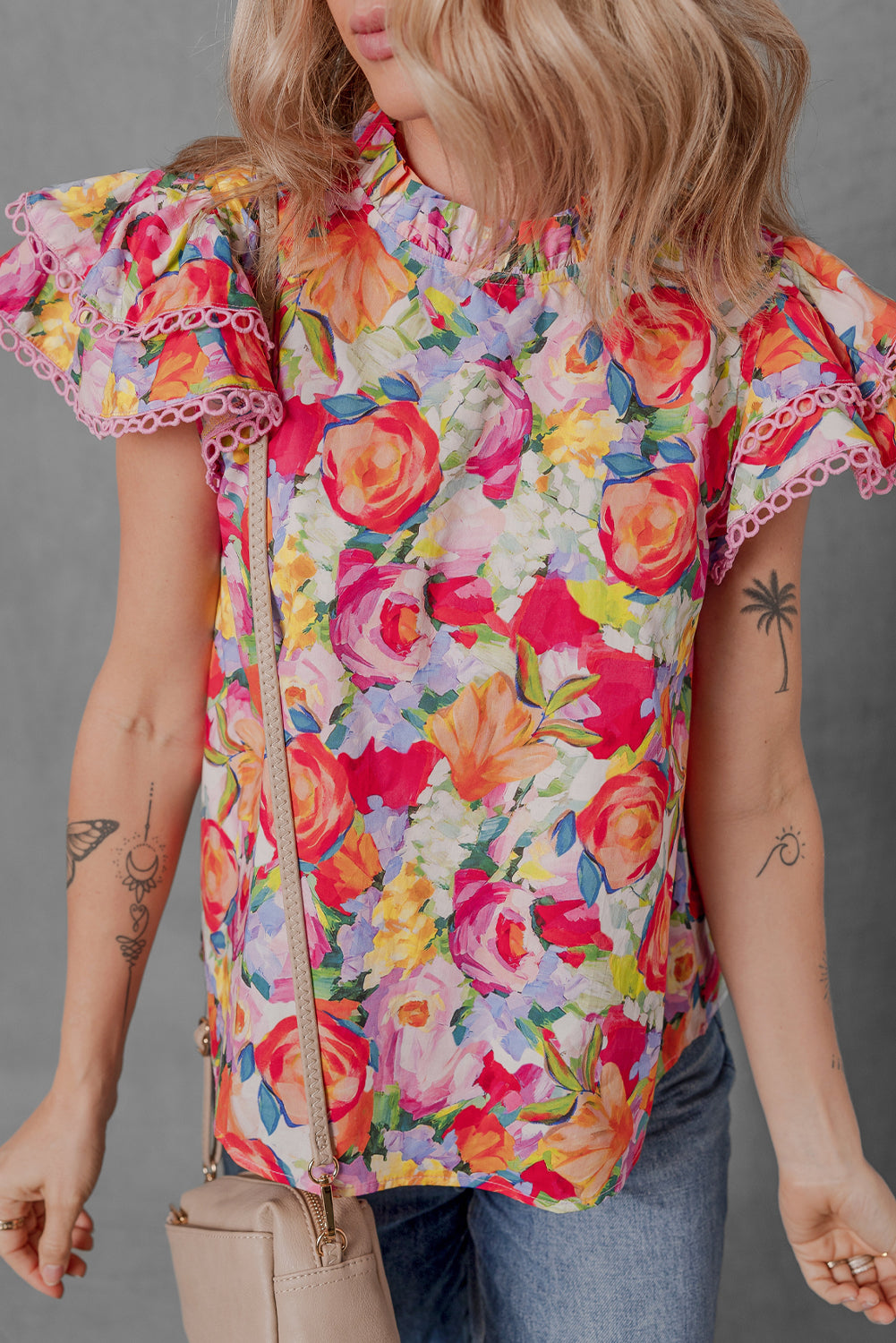 Lace Trim Ruffle Sleeve Floral