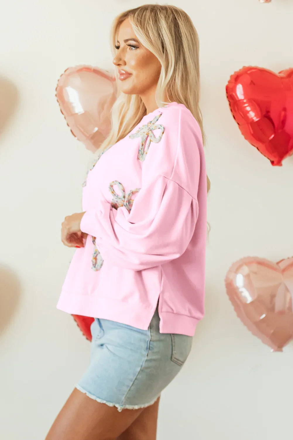 Lian Light Pink Embroidered Bow Lantern Sleeve Oversized Pullover Sweatshirt