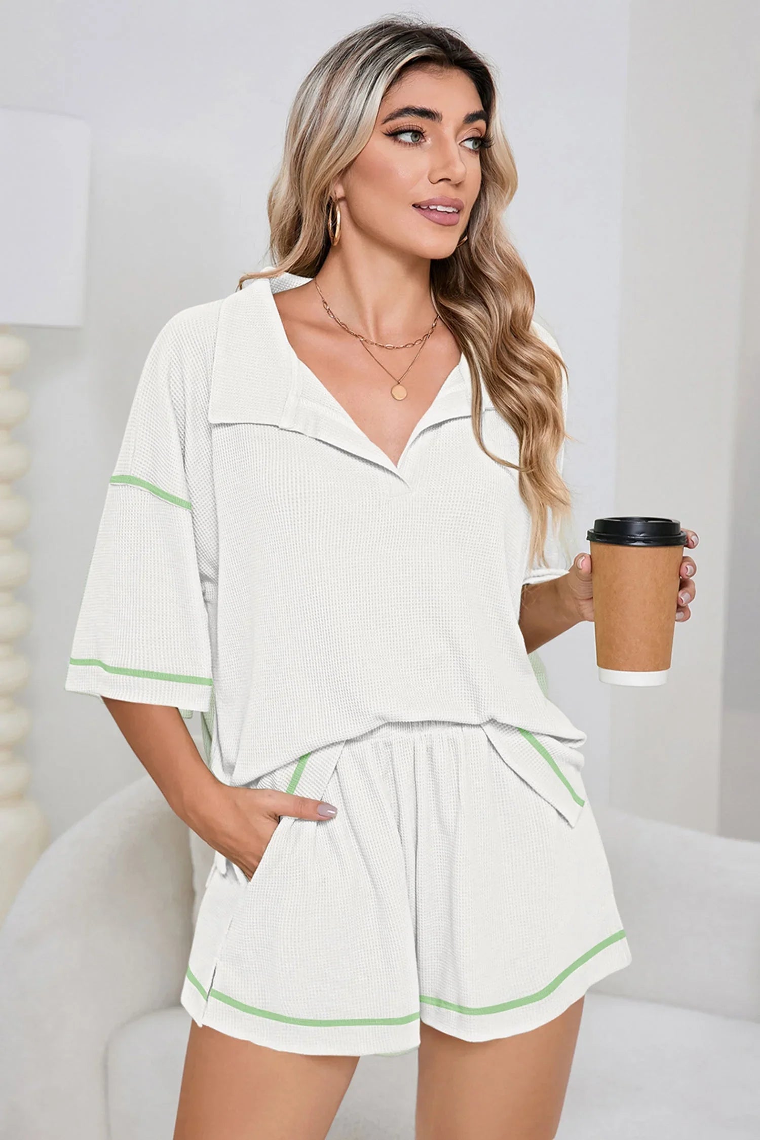 Wanda Colorblock Trim Waffle Knit Two Piece Sets