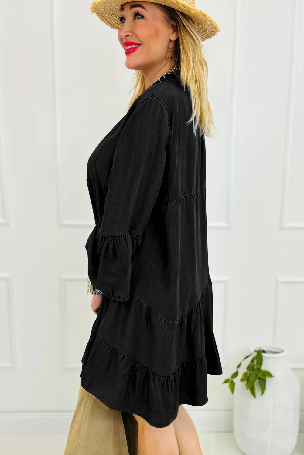 Corey Black Chambray Ruffled 3/4 Sleeve Tiered Split V Neck Mini Dress