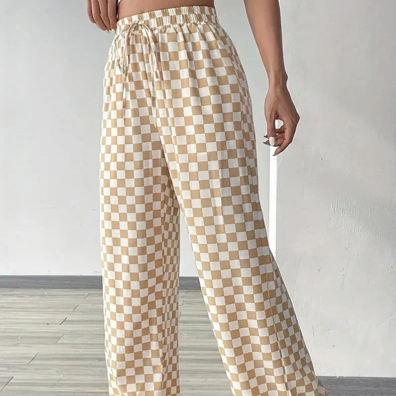 Checkerboard High-Waisted Wide Leg Pants
