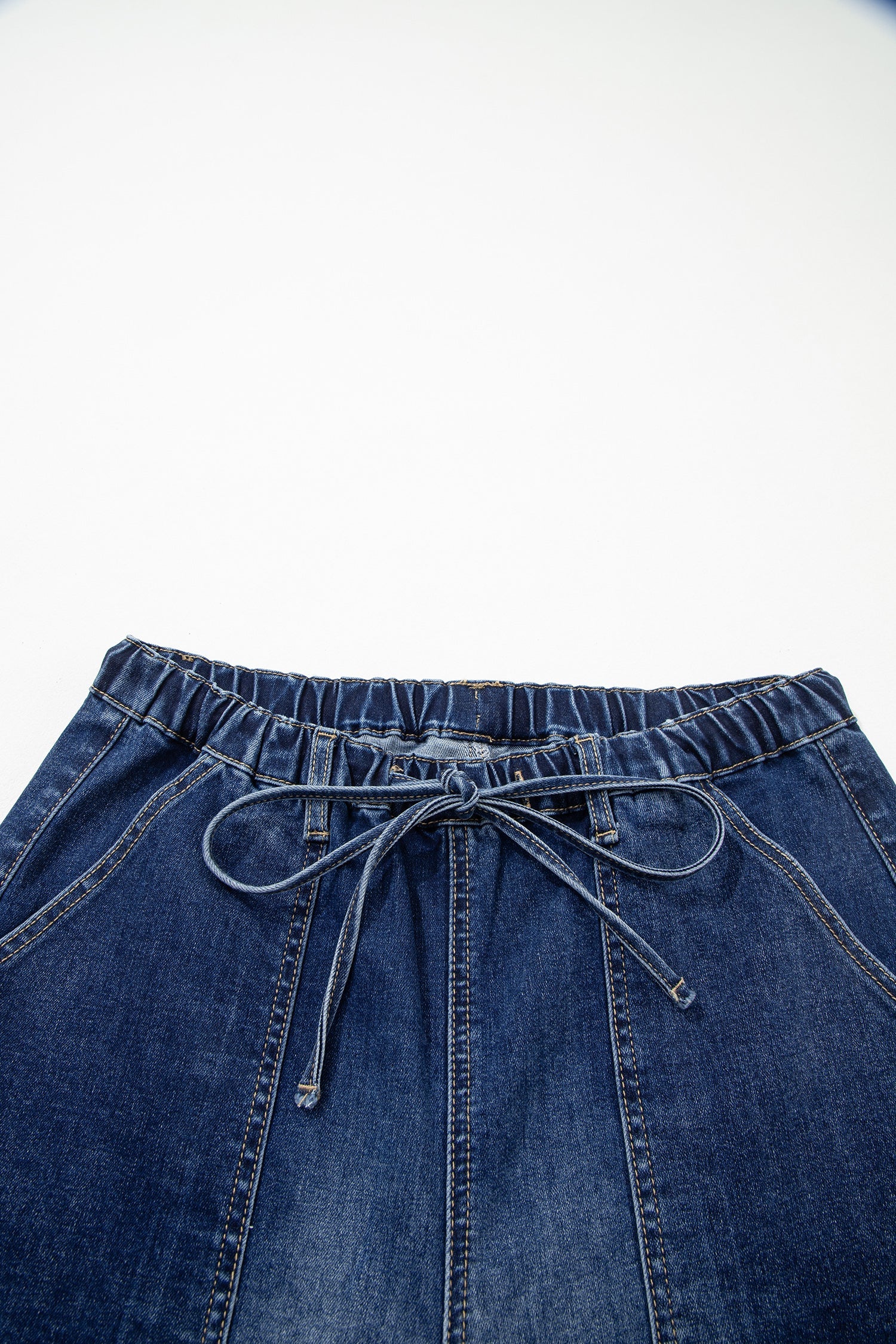 Prussian Blue Drawstring Seam Detail Raw Hem Wide Leg Denim Pants