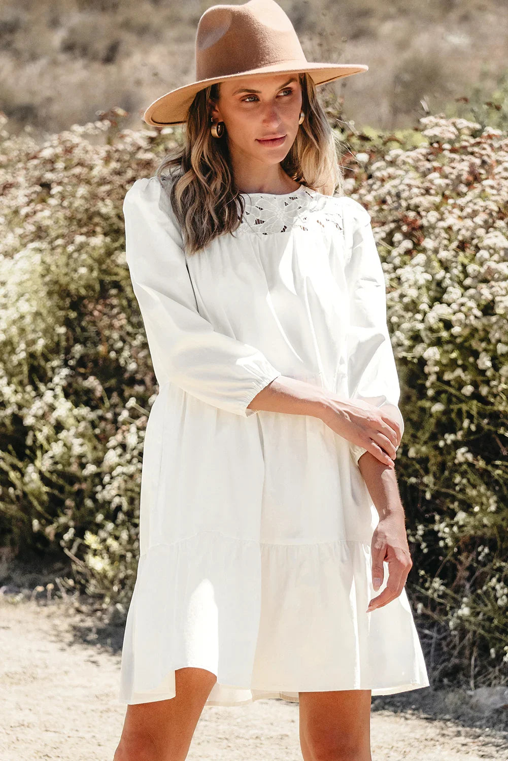 July White Floral Lace Patchwork Bracelet Sleeve Tiered Mini Dress