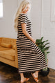 Zaidy Black Stripe Casual Round Neck T-shirt Maxi Dress with Pockets