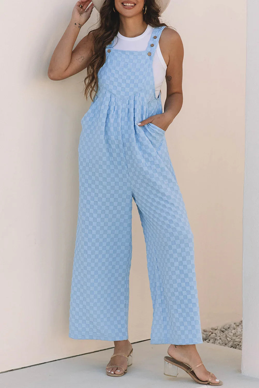 Gates Beau Blue Checkered Pocketed High Waist Wide Leg Overall
