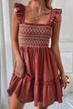 Salina Red Sandalwood Geometric Stitch Shirred Bodice Ruffled Trim Sleeveless Mini Dress