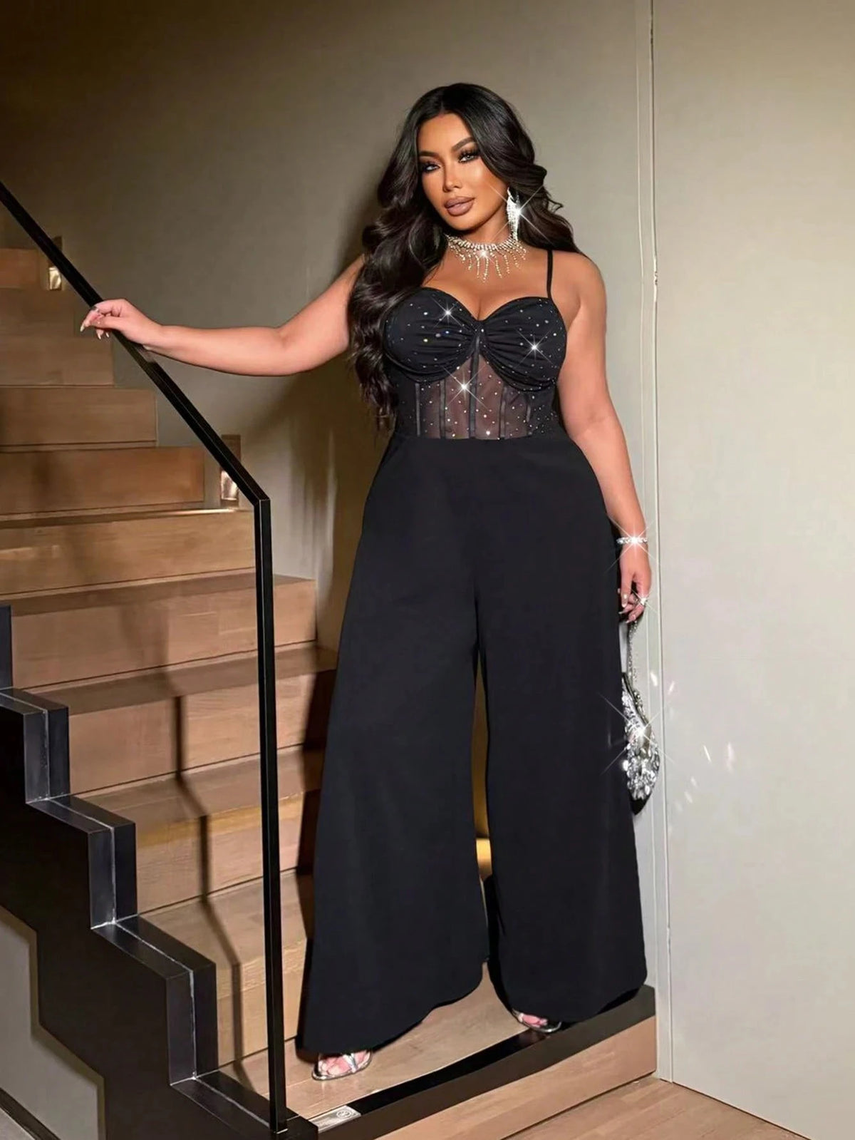 Plus-size women's sexy wide-leg jumpsuit, a stylish backless jumpsuit with shimmering