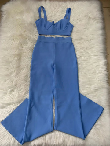 Wallingford Low cut Strap Bra High Waist Flare Two Piece Bandage Set