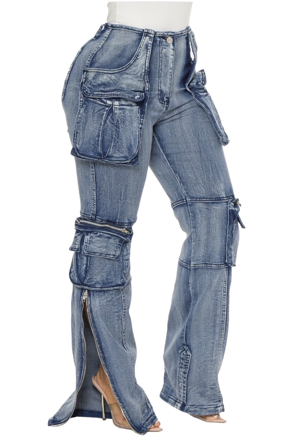 Acid Wash Cargo Denim Pants