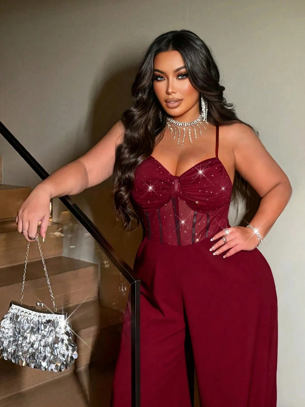 Plus-size women's sexy wide-leg jumpsuit, a stylish backless jumpsuit with shimmering