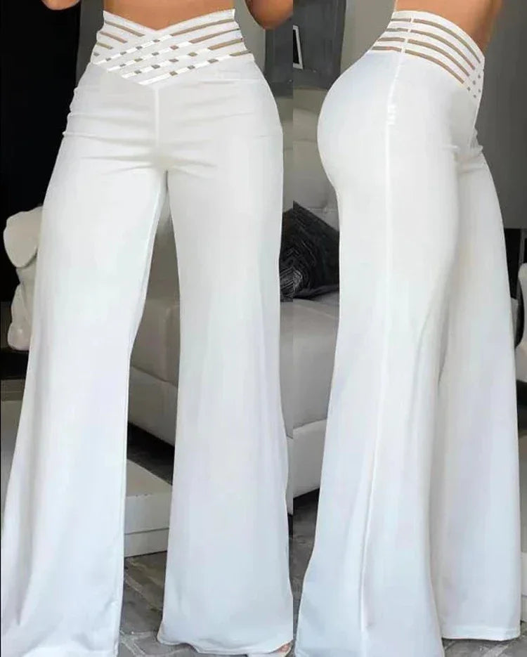 Oxford Elegant High Waist Flared Pants Office Casual Crisscross Sheer Mesh Trousers