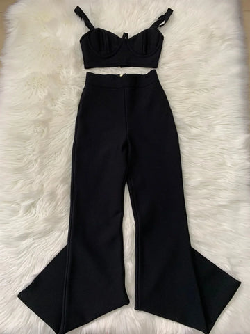 Wallingford Low cut Strap Bra High Waist Flare Two Piece Bandage Set