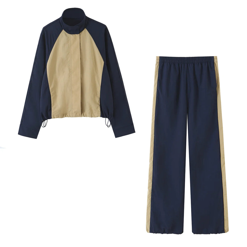 Gabriela Patchwork Nylon Tracksuit High Neck Two Piece Sets