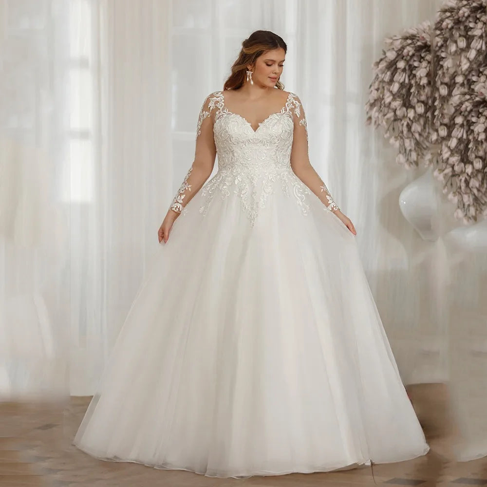 Plus Size V Neck Wedding Long Sleeves Appliques Back Lace Up Tulle Bride Gowns