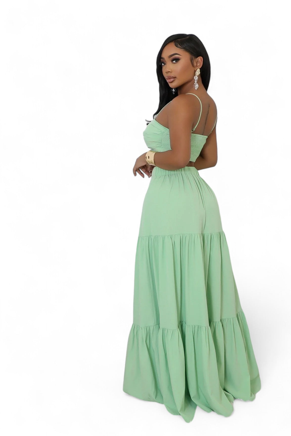 smocked Spaghetti Straps Flattering High Waisted Two Piece Long Set